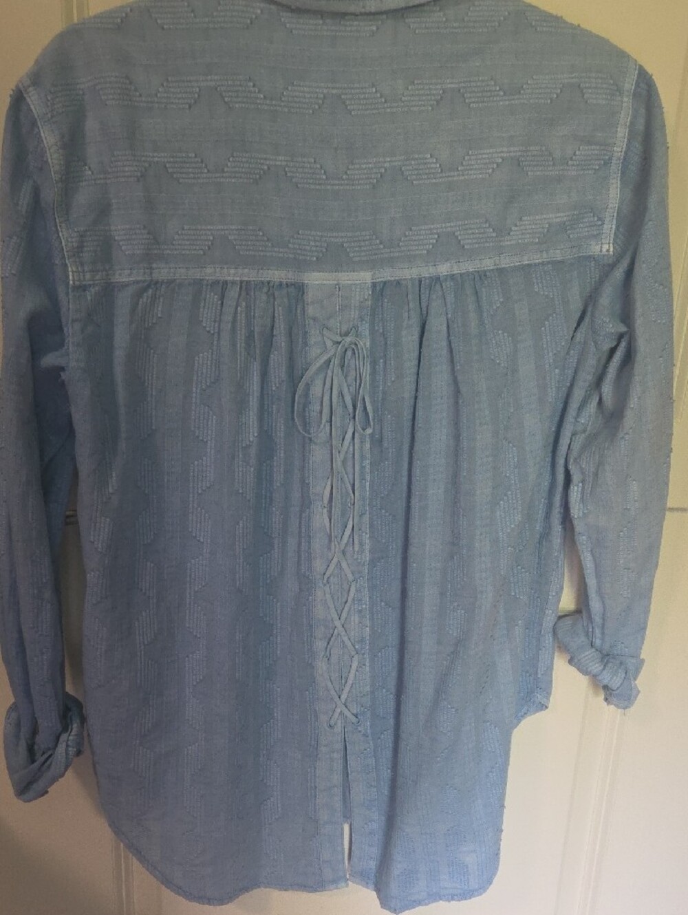 Anthropologie Light Blue Textured Button-Down Shirt With Lace Up Detail Back - Picture 3 of 6